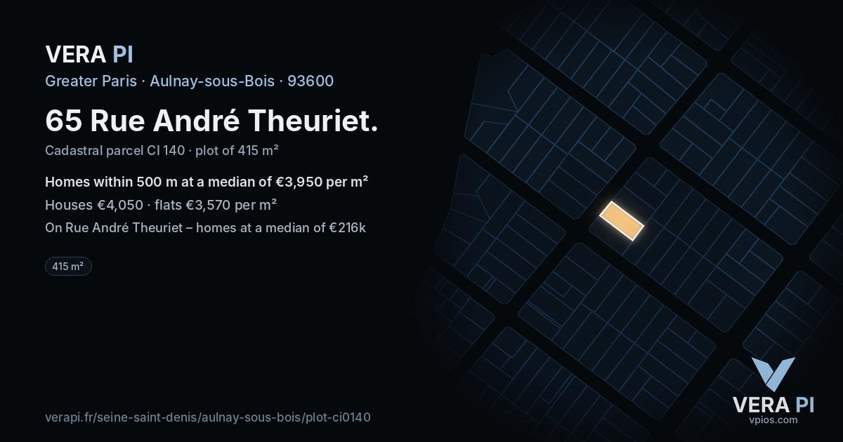 65 Rue André Theuriet, Aulnay-sous-Bois at night – the plot lit, the parcels around coloured by the prices near them