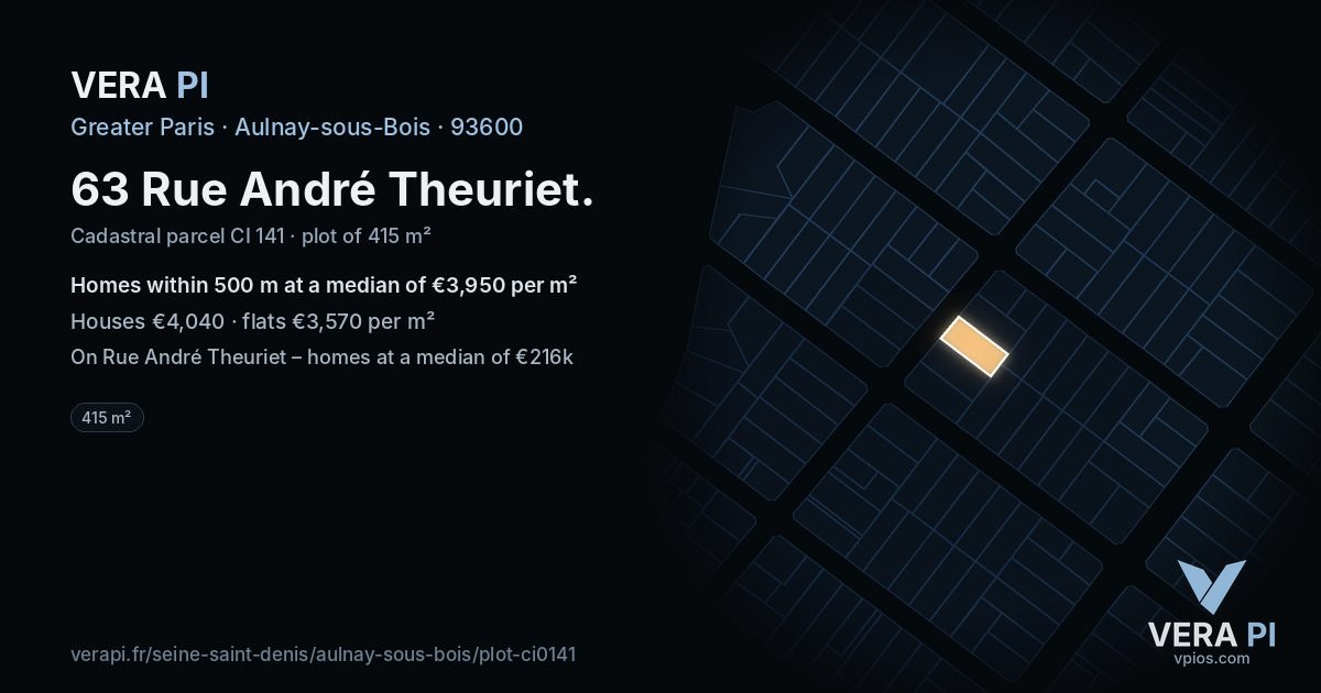 63 Rue André Theuriet, Aulnay-sous-Bois at night – the plot lit, the parcels around coloured by the prices near them