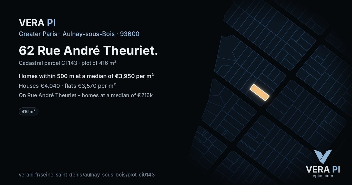 62 Rue André Theuriet, Aulnay-sous-Bois at night – the plot lit, the parcels around coloured by the prices near them
