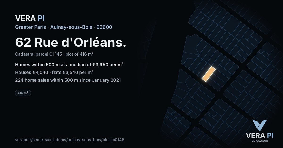 62 Rue d'Orléans, Aulnay-sous-Bois at night – the plot lit, the parcels around coloured by the prices near them