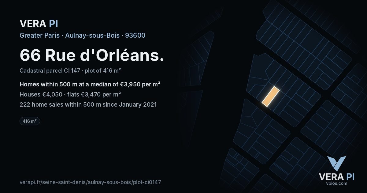 66 Rue d'Orléans, Aulnay-sous-Bois at night – the plot lit, the parcels around coloured by the prices near them