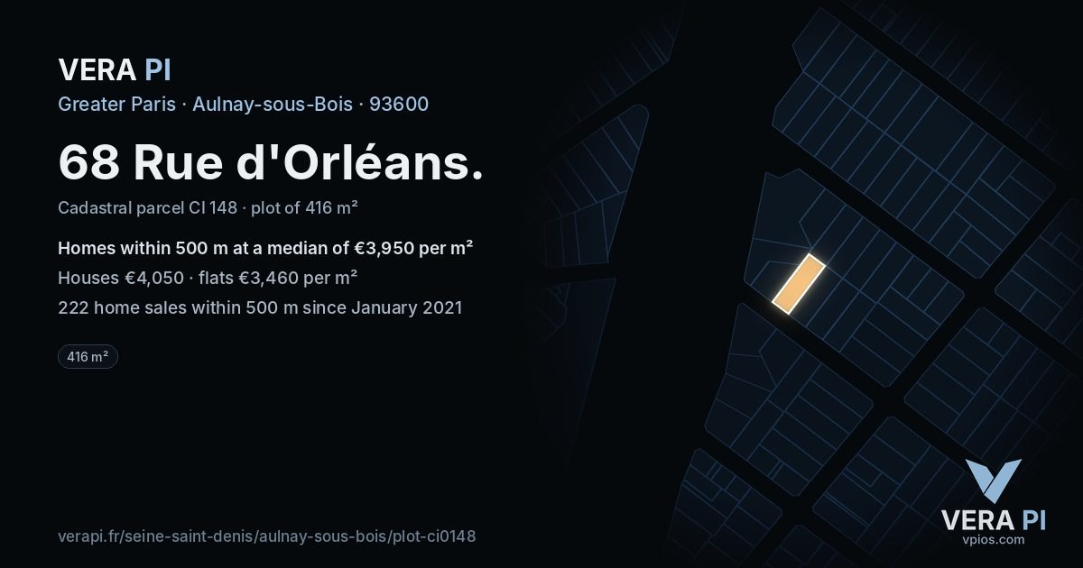 68 Rue d'Orléans, Aulnay-sous-Bois at night – the plot lit, the parcels around coloured by the prices near them