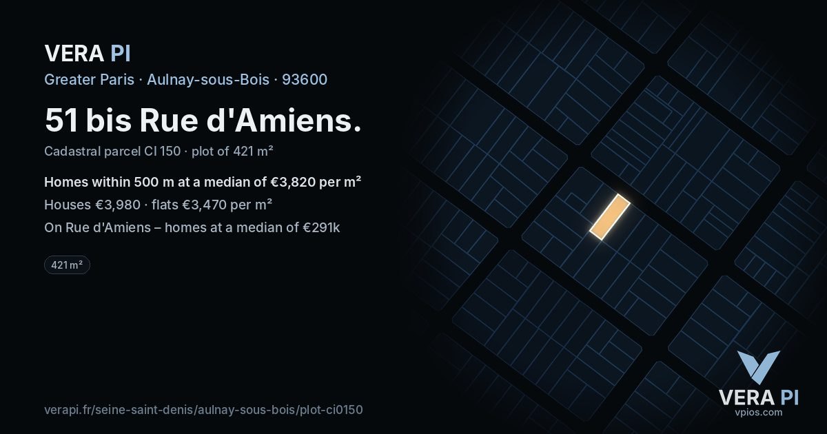 51 bis Rue d'Amiens, Aulnay-sous-Bois at night – the plot lit, the parcels around coloured by the prices near them