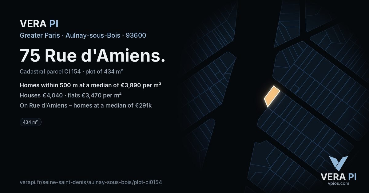75 Rue d'Amiens, Aulnay-sous-Bois at night – the plot lit, the parcels around coloured by the prices near them
