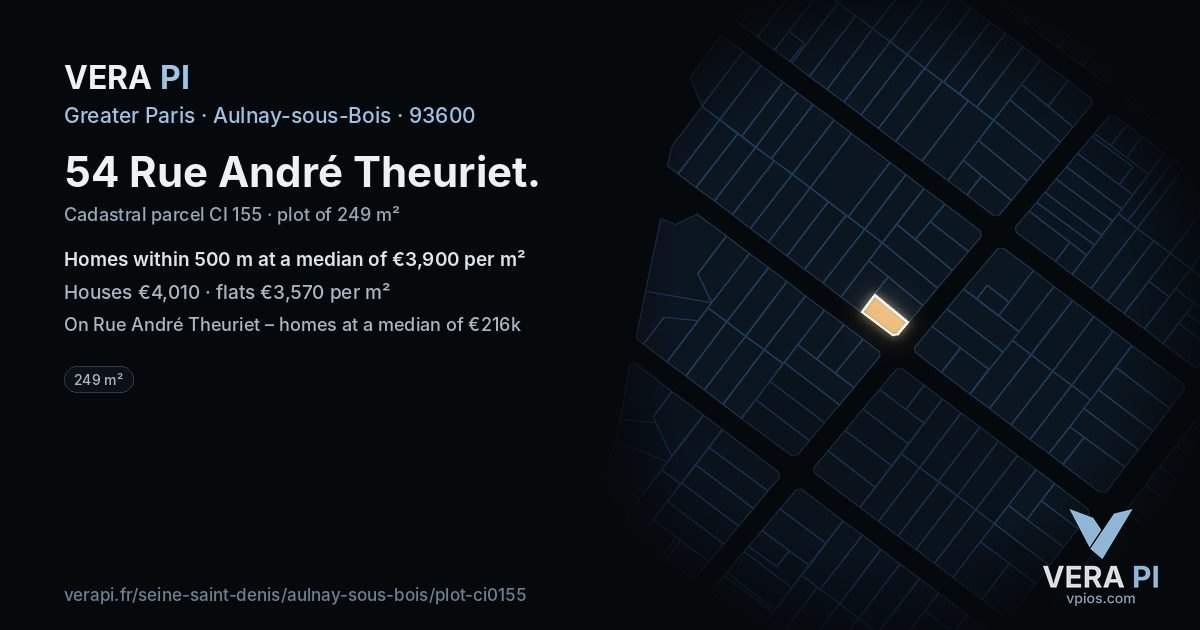 54 Rue André Theuriet, Aulnay-sous-Bois at night – the plot lit, the parcels around coloured by the prices near them