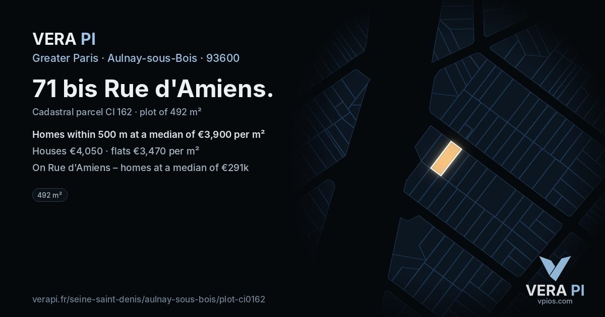 71 bis Rue d'Amiens, Aulnay-sous-Bois at night – the plot lit, the parcels around coloured by the prices near them