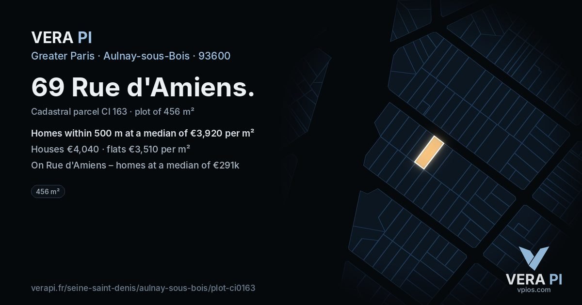 69 Rue d'Amiens, Aulnay-sous-Bois at night – the plot lit, the parcels around coloured by the prices near them