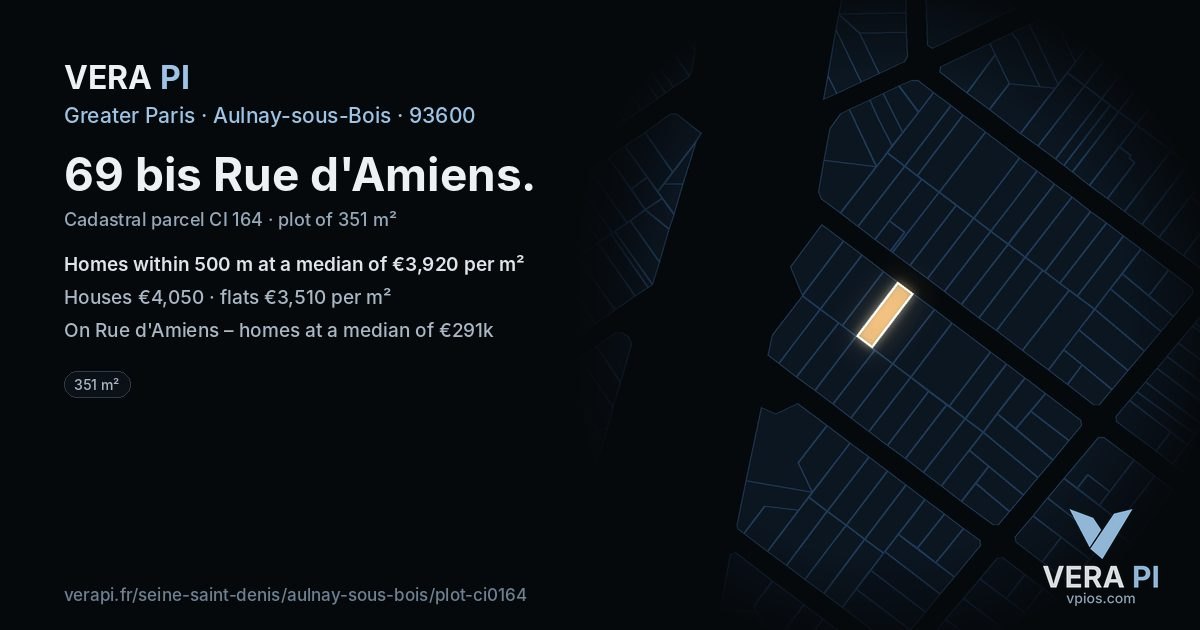 69 bis Rue d'Amiens, Aulnay-sous-Bois at night – the plot lit, the parcels around coloured by the prices near them