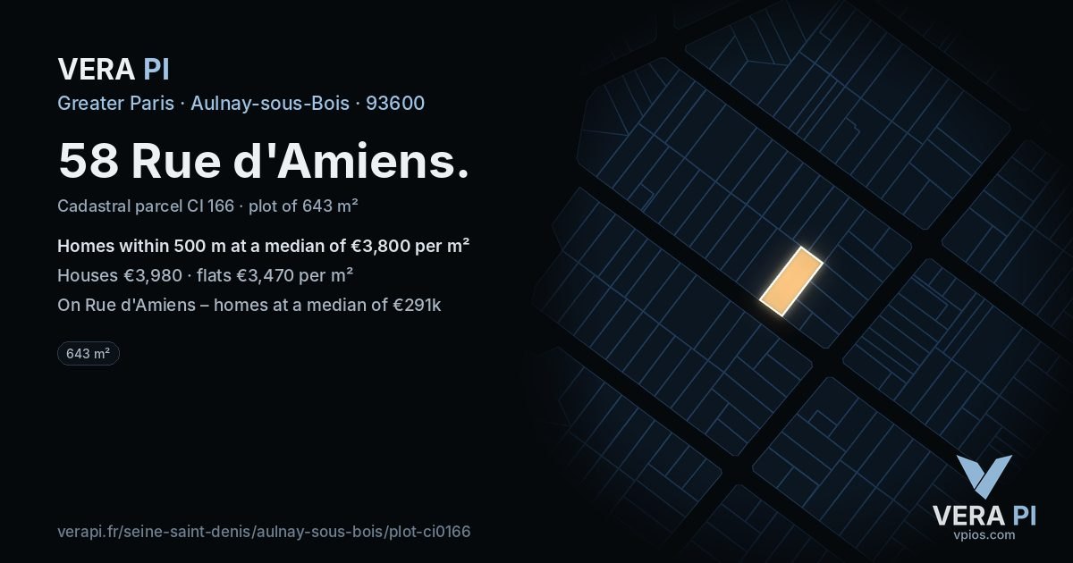 58 Rue d'Amiens, Aulnay-sous-Bois at night – the plot lit, the parcels around coloured by the prices near them