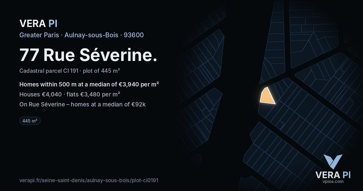 77 Rue Séverine, Aulnay-sous-Bois at night – the plot lit, the parcels around coloured by the prices near them