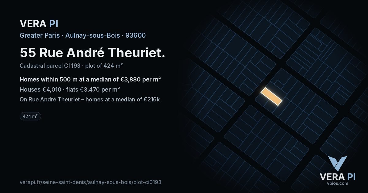 55 Rue André Theuriet, Aulnay-sous-Bois at night – the plot lit, the parcels around coloured by the prices near them