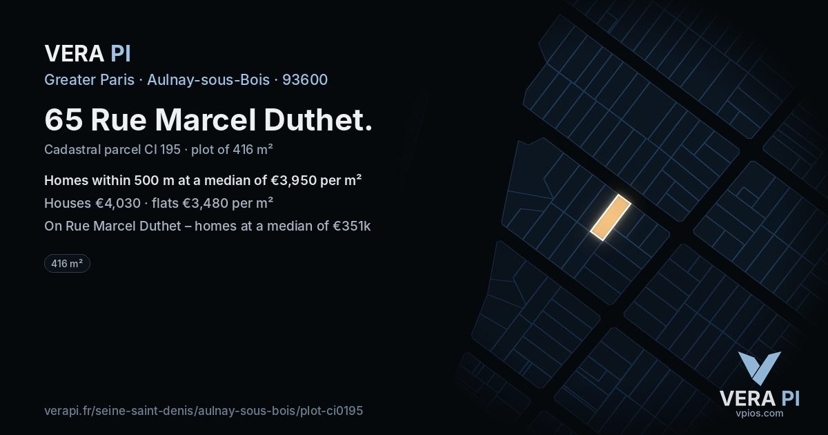 65 Rue Marcel Duthet, Aulnay-sous-Bois at night – the plot lit, the parcels around coloured by the prices near them