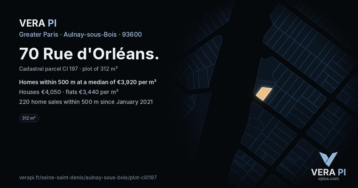 70 Rue d'Orléans, Aulnay-sous-Bois at night – the plot lit, the parcels around coloured by the prices near them