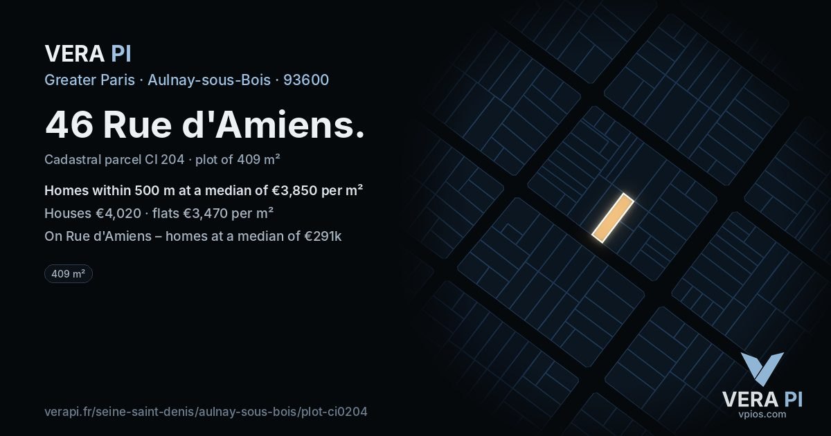 46 Rue d'Amiens, Aulnay-sous-Bois at night – the plot lit, the parcels around coloured by the prices near them