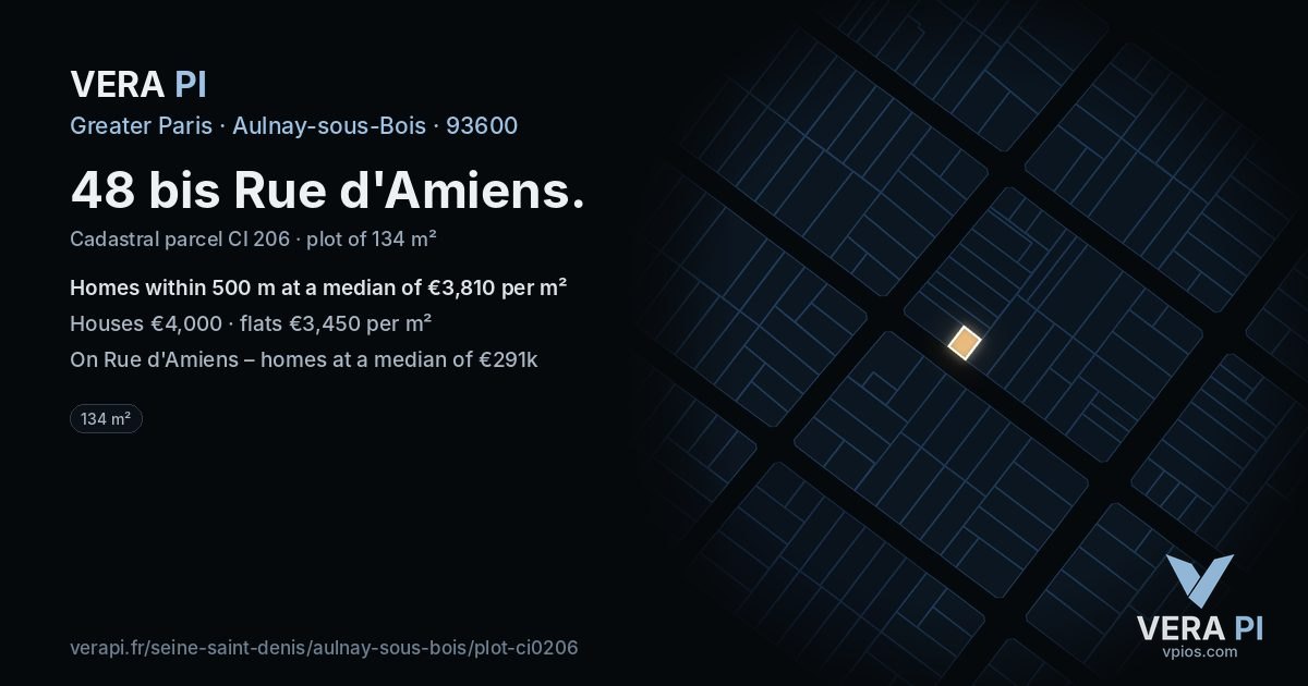 48 bis Rue d'Amiens, Aulnay-sous-Bois at night – the plot lit, the parcels around coloured by the prices near them