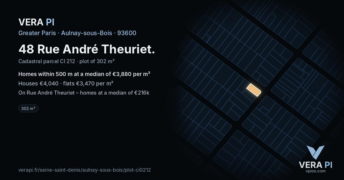 48 Rue André Theuriet, Aulnay-sous-Bois at night – the plot lit, the parcels around coloured by the prices near them