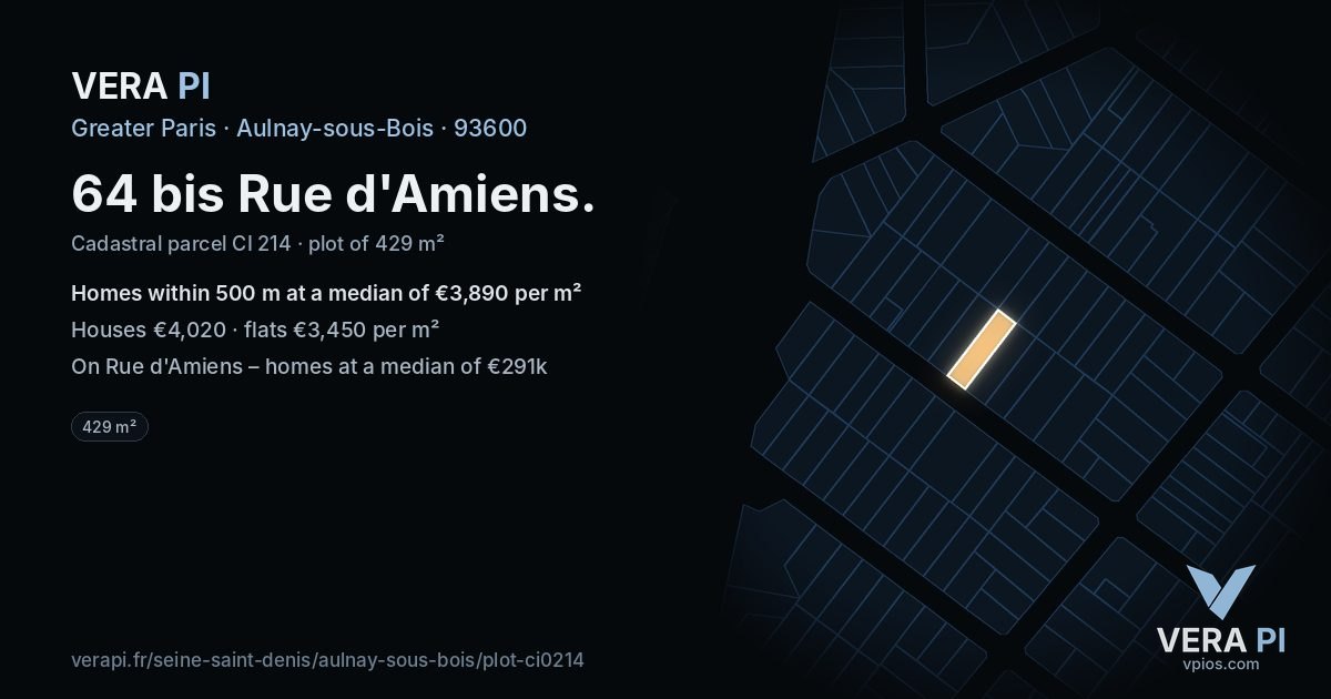 64 bis Rue d'Amiens, Aulnay-sous-Bois at night – the plot lit, the parcels around coloured by the prices near them