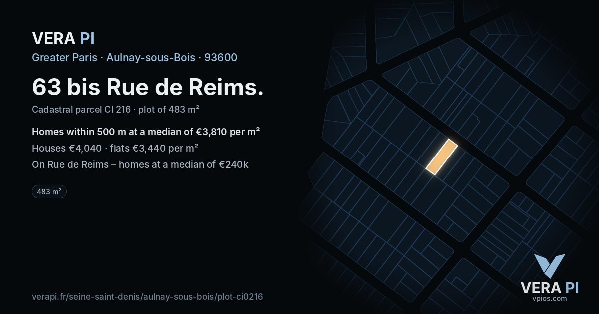 63 bis Rue de Reims, Aulnay-sous-Bois at night – the plot lit, the parcels around coloured by the prices near them