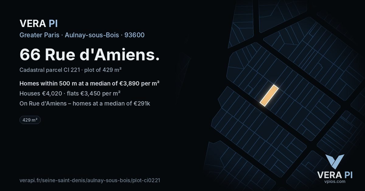 66 Rue d'Amiens, Aulnay-sous-Bois at night – the plot lit, the parcels around coloured by the prices near them