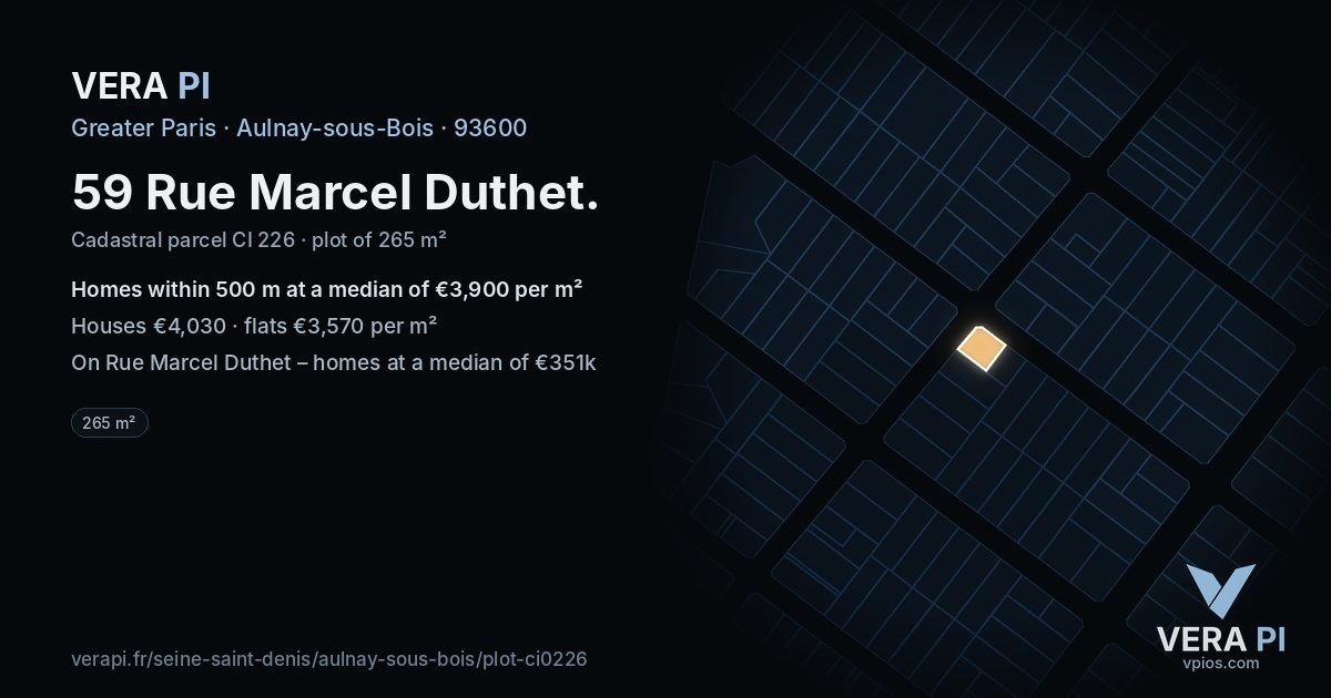 59 Rue Marcel Duthet, Aulnay-sous-Bois at night – the plot lit, the parcels around coloured by the prices near them