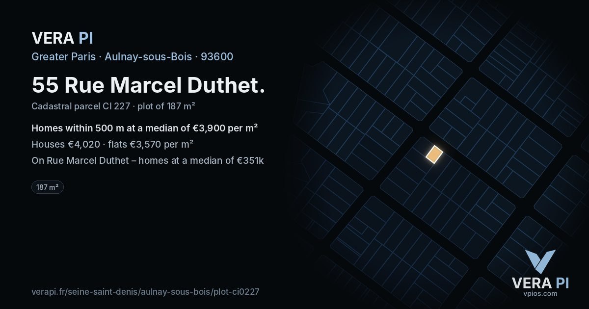 55 Rue Marcel Duthet, Aulnay-sous-Bois at night – the plot lit, the parcels around coloured by the prices near them