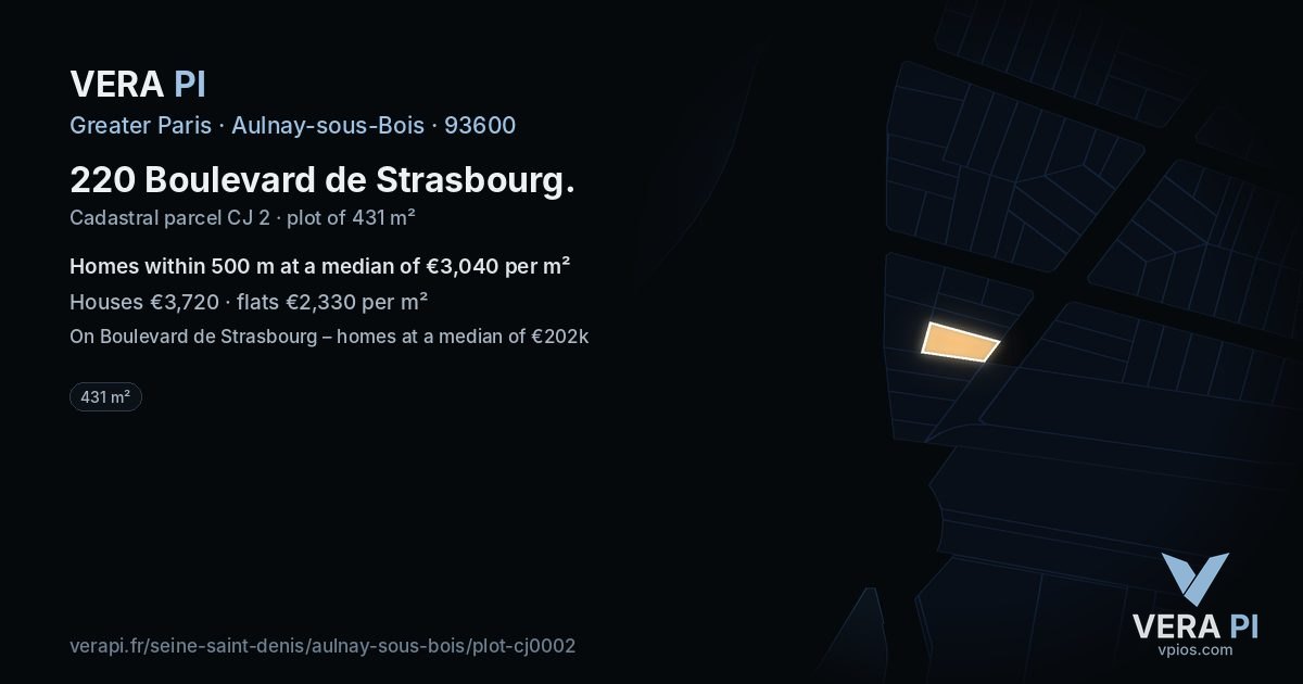 220 Boulevard de Strasbourg, Aulnay-sous-Bois at night – the plot lit, the parcels around coloured by the prices near them