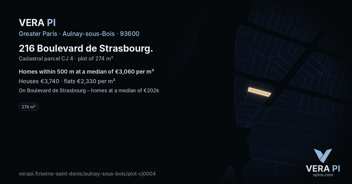 216 Boulevard de Strasbourg, Aulnay-sous-Bois at night – the plot lit, the parcels around coloured by the prices near them