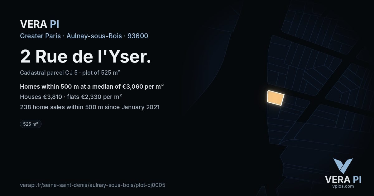 2 Rue de l'Yser, Aulnay-sous-Bois at night – the plot lit, the parcels around coloured by the prices near them