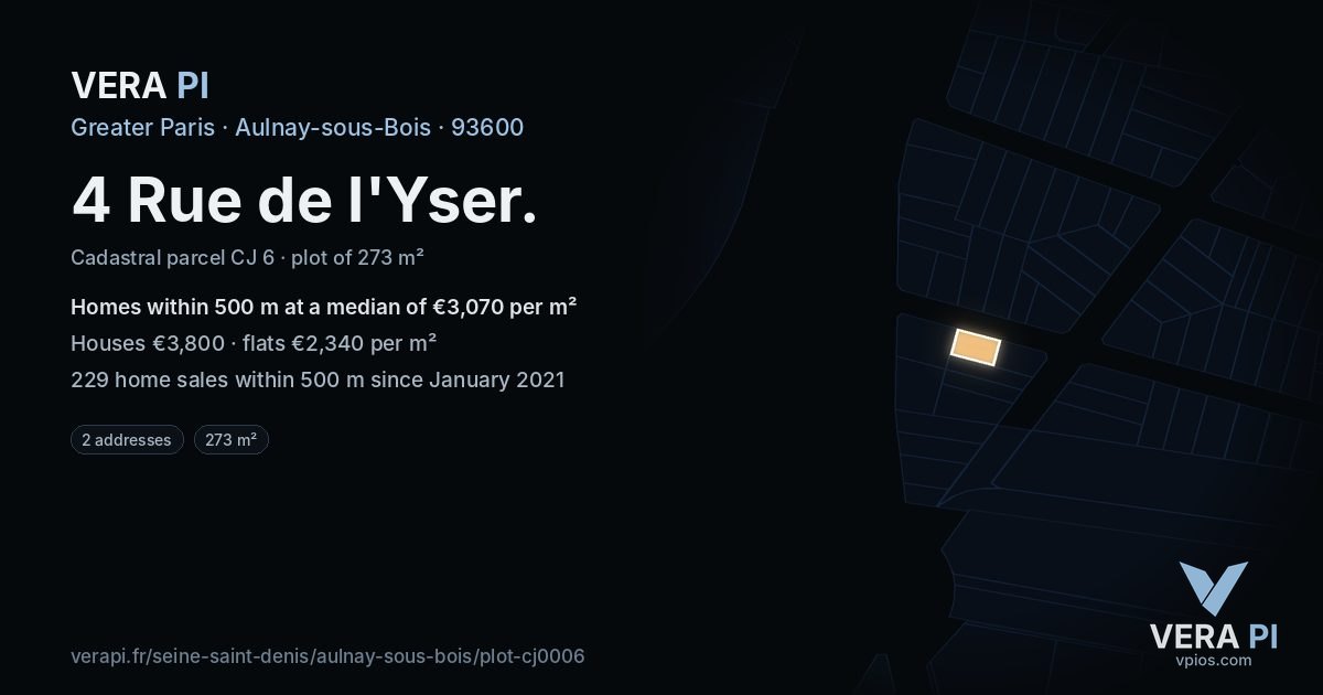 4 Rue de l'Yser, Aulnay-sous-Bois at night – the plot lit, the parcels around coloured by the prices near them