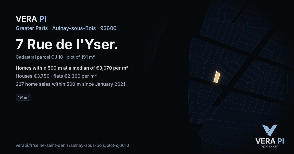 7 Rue de l'Yser, Aulnay-sous-Bois at night – the plot lit, the parcels around coloured by the prices near them