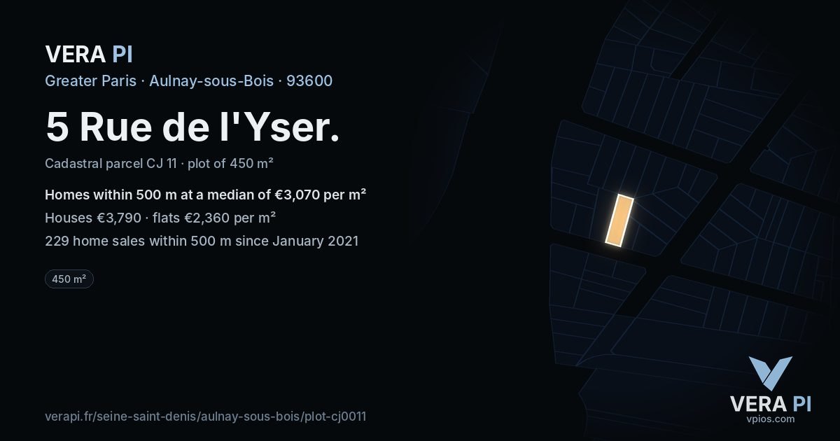 5 Rue de l'Yser, Aulnay-sous-Bois at night – the plot lit, the parcels around coloured by the prices near them