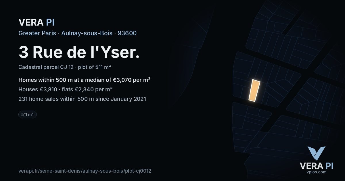 3 Rue de l'Yser, Aulnay-sous-Bois at night – the plot lit, the parcels around coloured by the prices near them