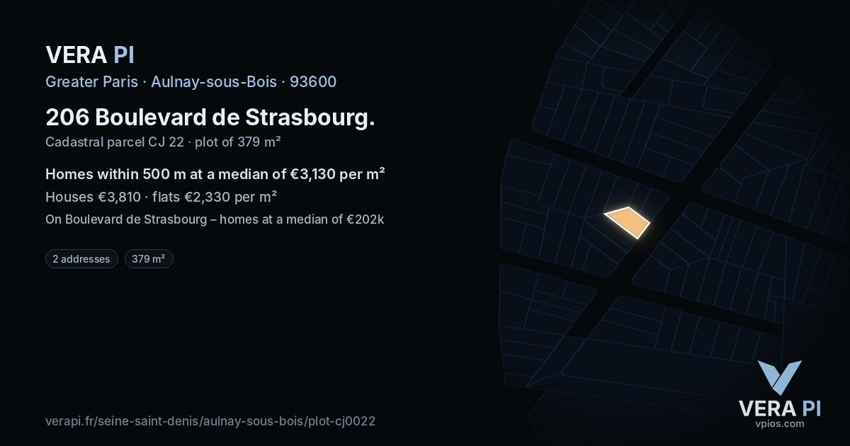 206 Boulevard de Strasbourg, Aulnay-sous-Bois at night – the plot lit, the parcels around coloured by the prices near them