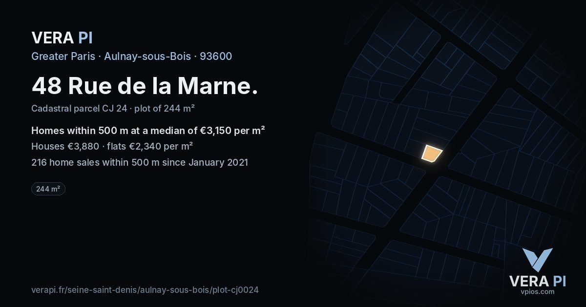 48 Rue de la Marne, Aulnay-sous-Bois at night – the plot lit, the parcels around coloured by the prices near them