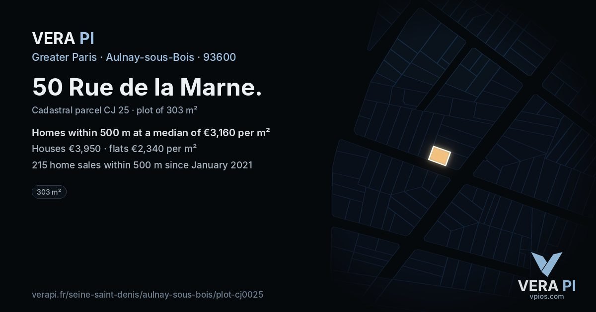 50 Rue de la Marne, Aulnay-sous-Bois at night – the plot lit, the parcels around coloured by the prices near them
