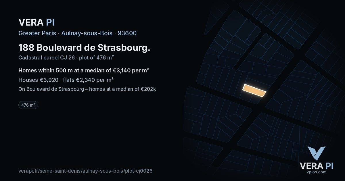 188 Boulevard de Strasbourg, Aulnay-sous-Bois at night – the plot lit, the parcels around coloured by the prices near them