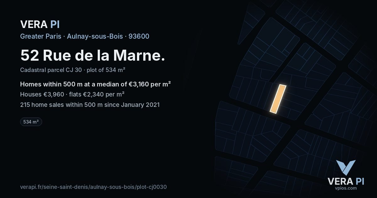 52 Rue de la Marne, Aulnay-sous-Bois at night – the plot lit, the parcels around coloured by the prices near them
