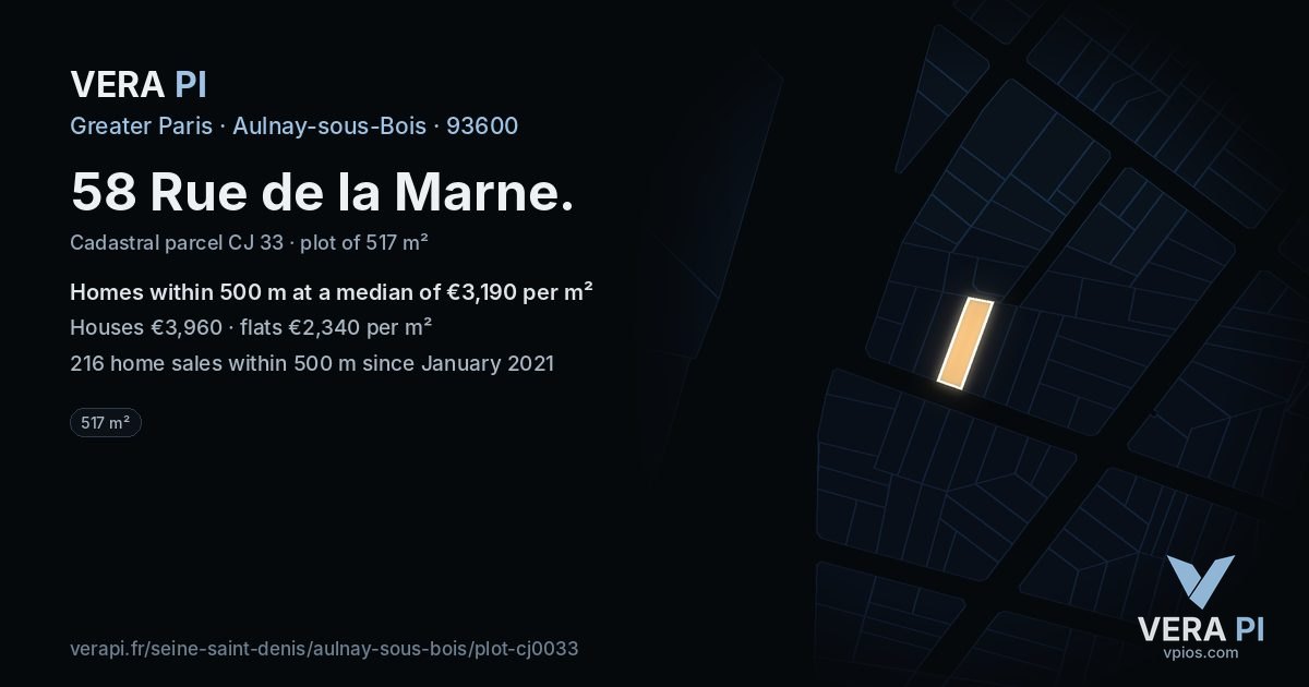 58 Rue de la Marne, Aulnay-sous-Bois at night – the plot lit, the parcels around coloured by the prices near them