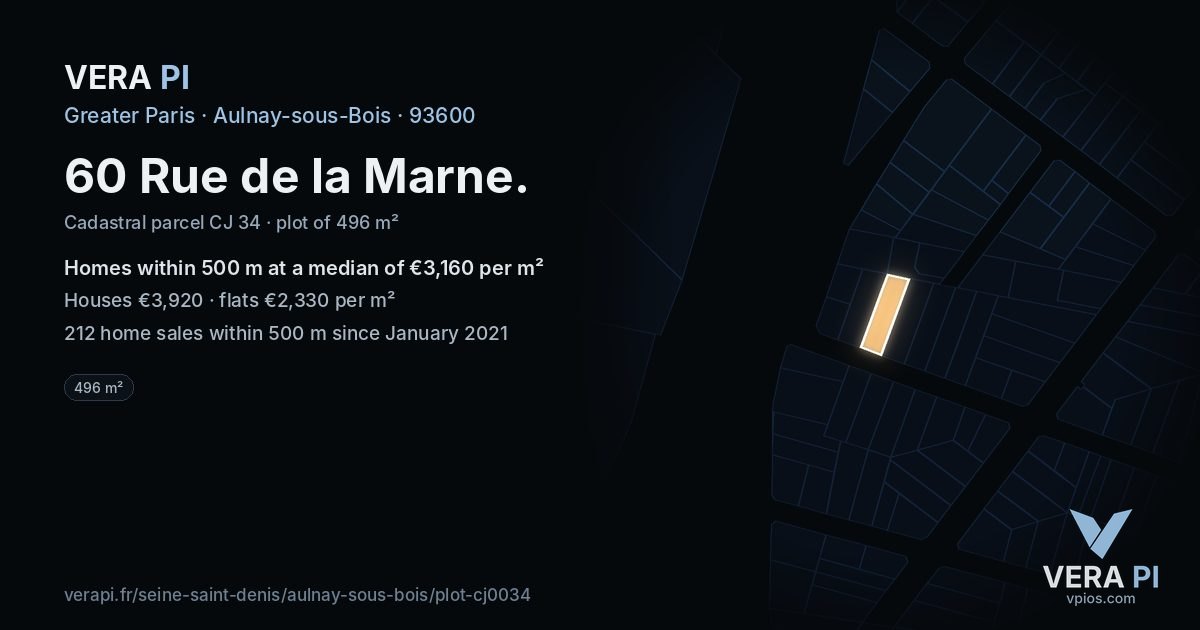 60 Rue de la Marne, Aulnay-sous-Bois at night – the plot lit, the parcels around coloured by the prices near them