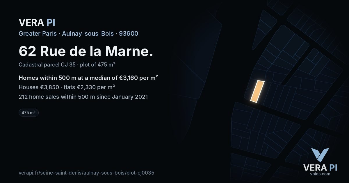 62 Rue de la Marne, Aulnay-sous-Bois at night – the plot lit, the parcels around coloured by the prices near them