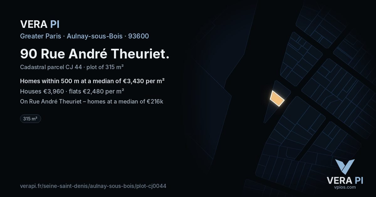 90 Rue André Theuriet, Aulnay-sous-Bois at night – the plot lit, the parcels around coloured by the prices near them