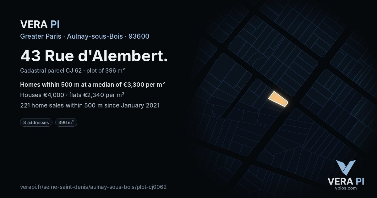 43 Rue d'Alembert, Aulnay-sous-Bois at night – the plot lit, the parcels around coloured by the prices near them