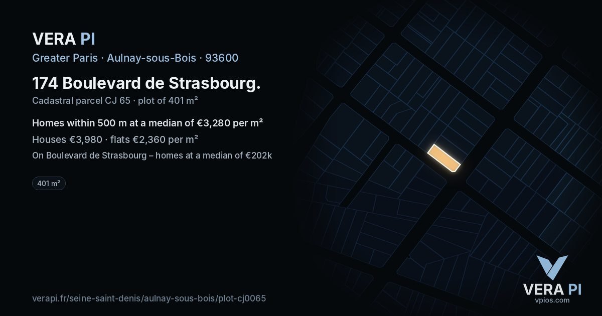174 Boulevard de Strasbourg, Aulnay-sous-Bois at night – the plot lit, the parcels around coloured by the prices near them