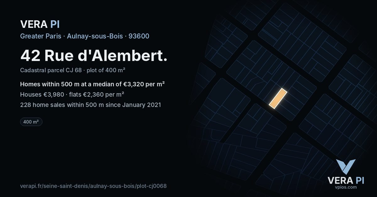 42 Rue d'Alembert, Aulnay-sous-Bois at night – the plot lit, the parcels around coloured by the prices near them