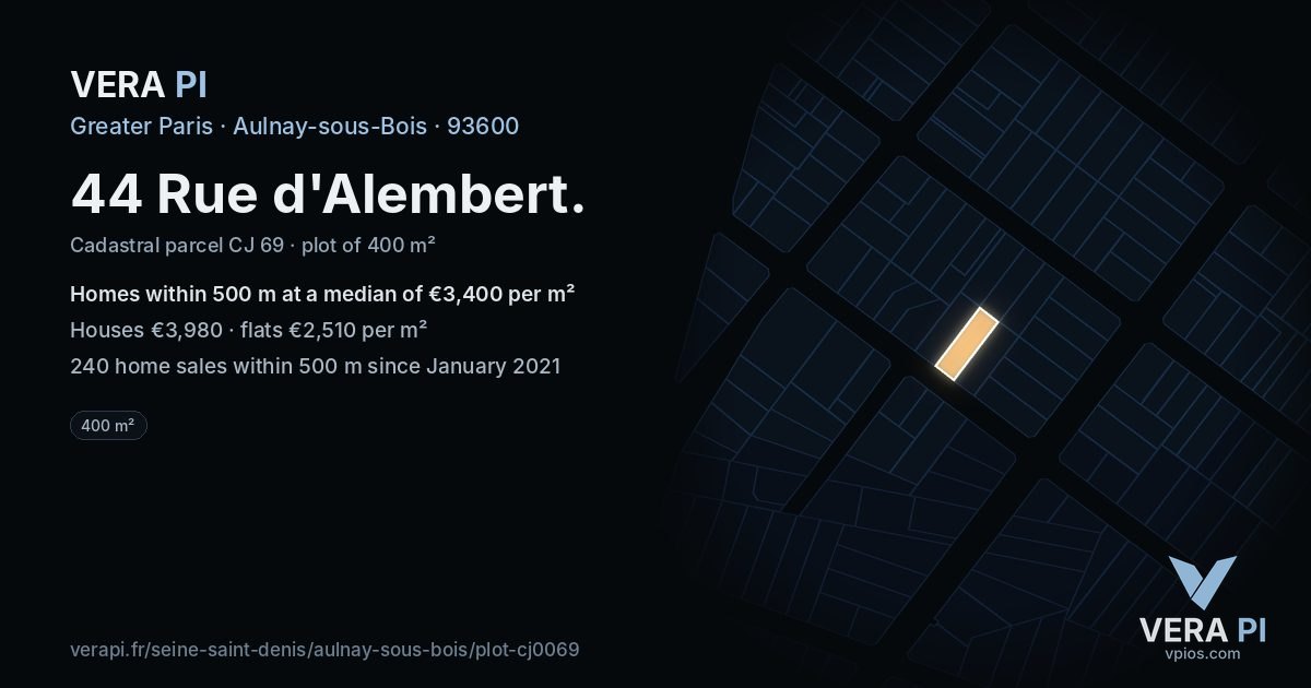 44 Rue d'Alembert, Aulnay-sous-Bois at night – the plot lit, the parcels around coloured by the prices near them