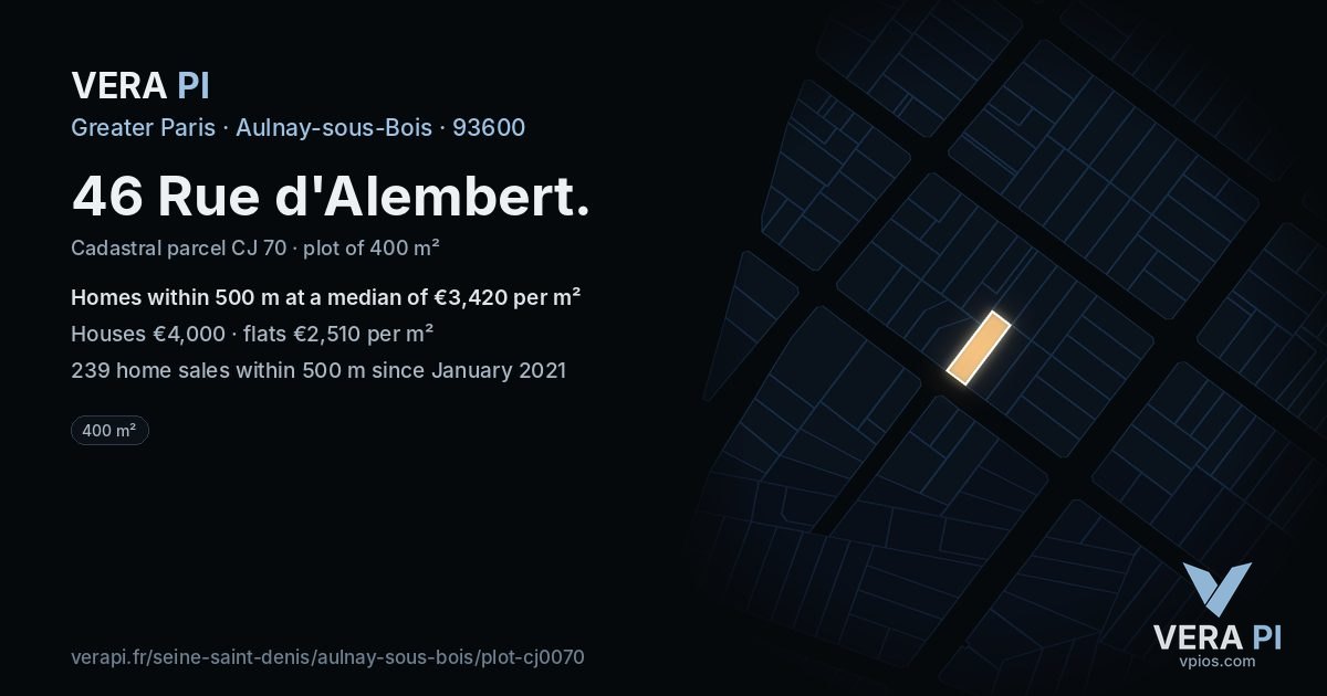 46 Rue d'Alembert, Aulnay-sous-Bois at night – the plot lit, the parcels around coloured by the prices near them