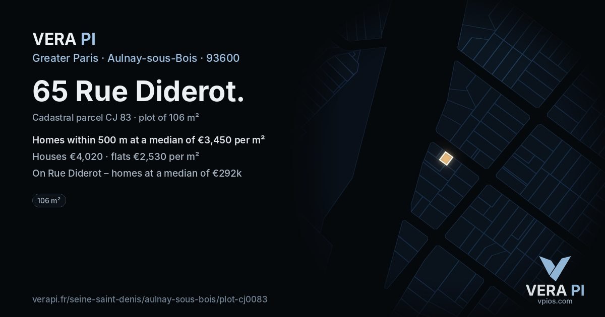 65 Rue Diderot, Aulnay-sous-Bois at night – the plot lit, the parcels around coloured by the prices near them