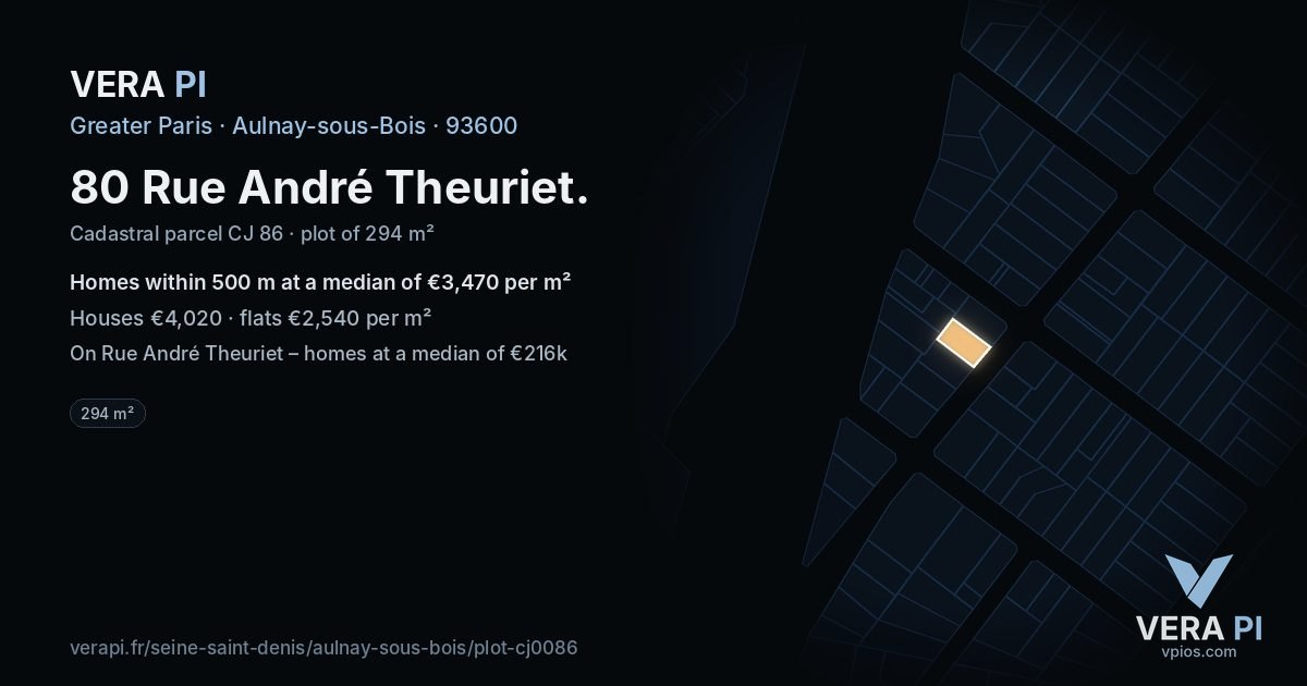 80 Rue André Theuriet, Aulnay-sous-Bois at night – the plot lit, the parcels around coloured by the prices near them