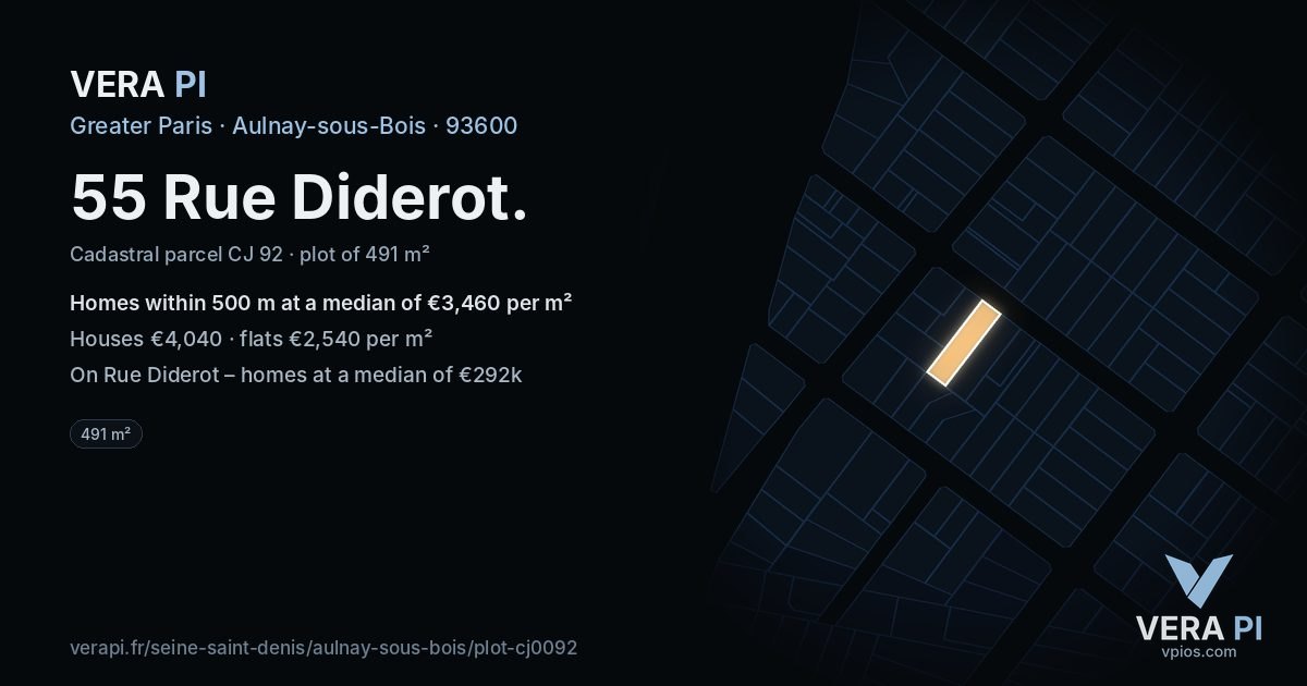 55 Rue Diderot, Aulnay-sous-Bois at night – the plot lit, the parcels around coloured by the prices near them