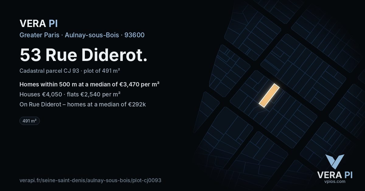 53 Rue Diderot, Aulnay-sous-Bois at night – the plot lit, the parcels around coloured by the prices near them